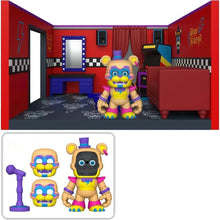 Glamrock Freddy in a room with colorful decor, including a red wall and checkered floor.