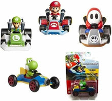 Four toy race cars with character designs on a white background, including Mario, Luigi, Yoshi, and Bowser.