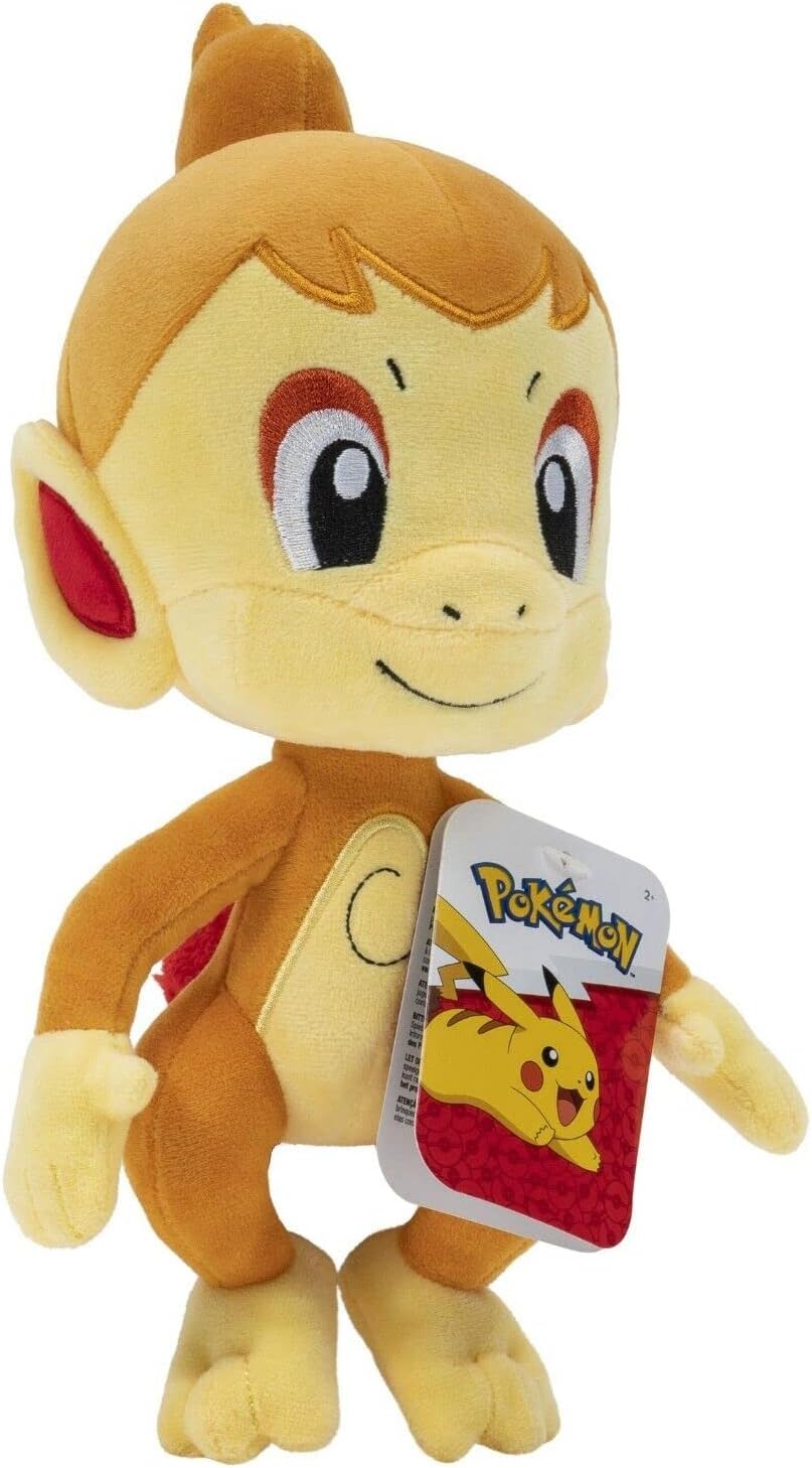 Plush toy of a monkey character holding a Pokémon card with Pikachu on a white background