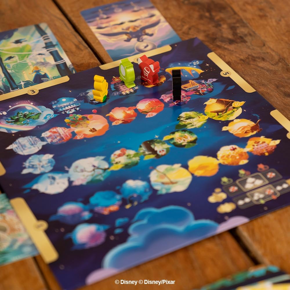 Colorful board game with characters on a wooden surface, featuring Disney Pixar branding.