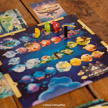Colorful board game with characters on a wooden surface, featuring Disney Pixar branding.