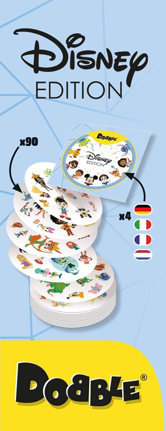 Disney Edition Dobble board game packaging with cartoon characters on a blue and yellow background.