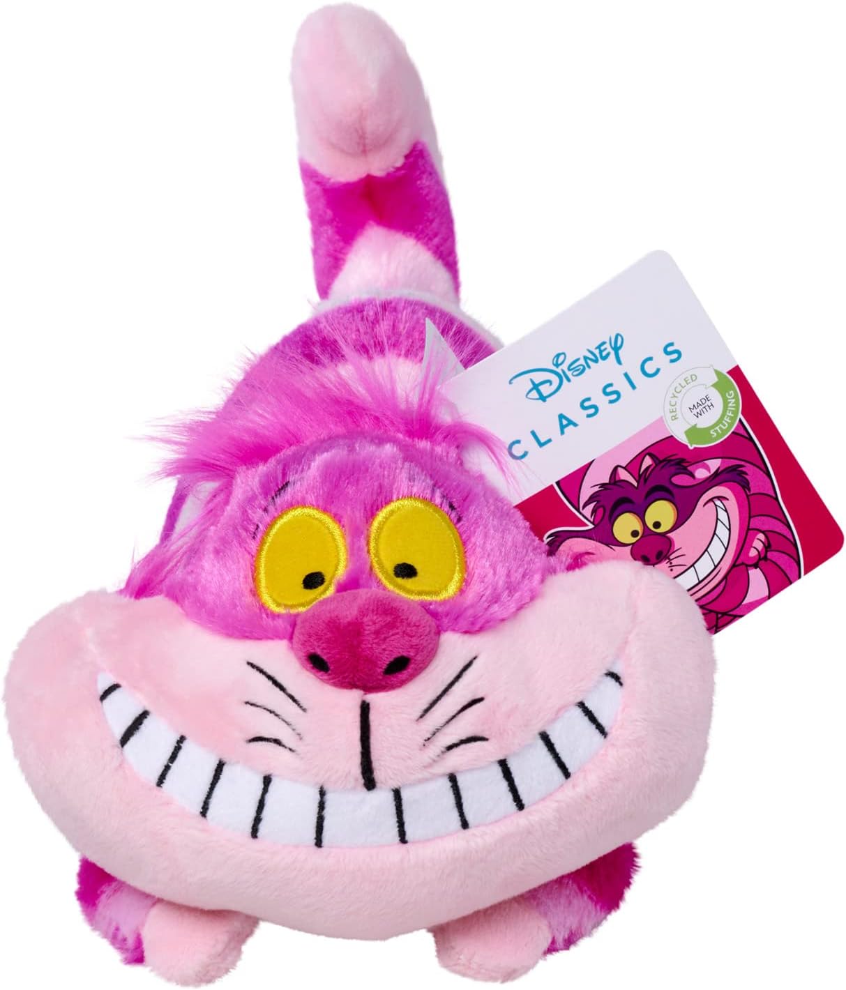 Disney Cheshire Cat Pink plush toy with yellow eyes and a white smile, featuring Disney Classics branding.