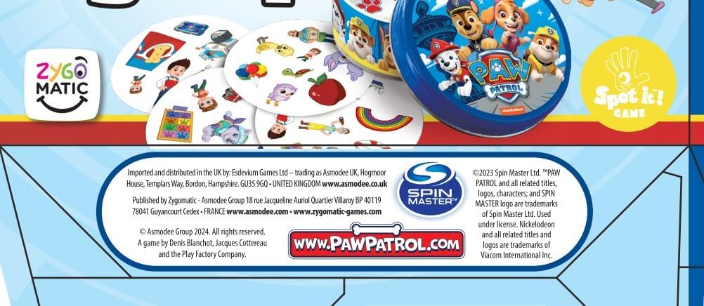 Paw Patrol toy set packaging with various toys and branding elements.