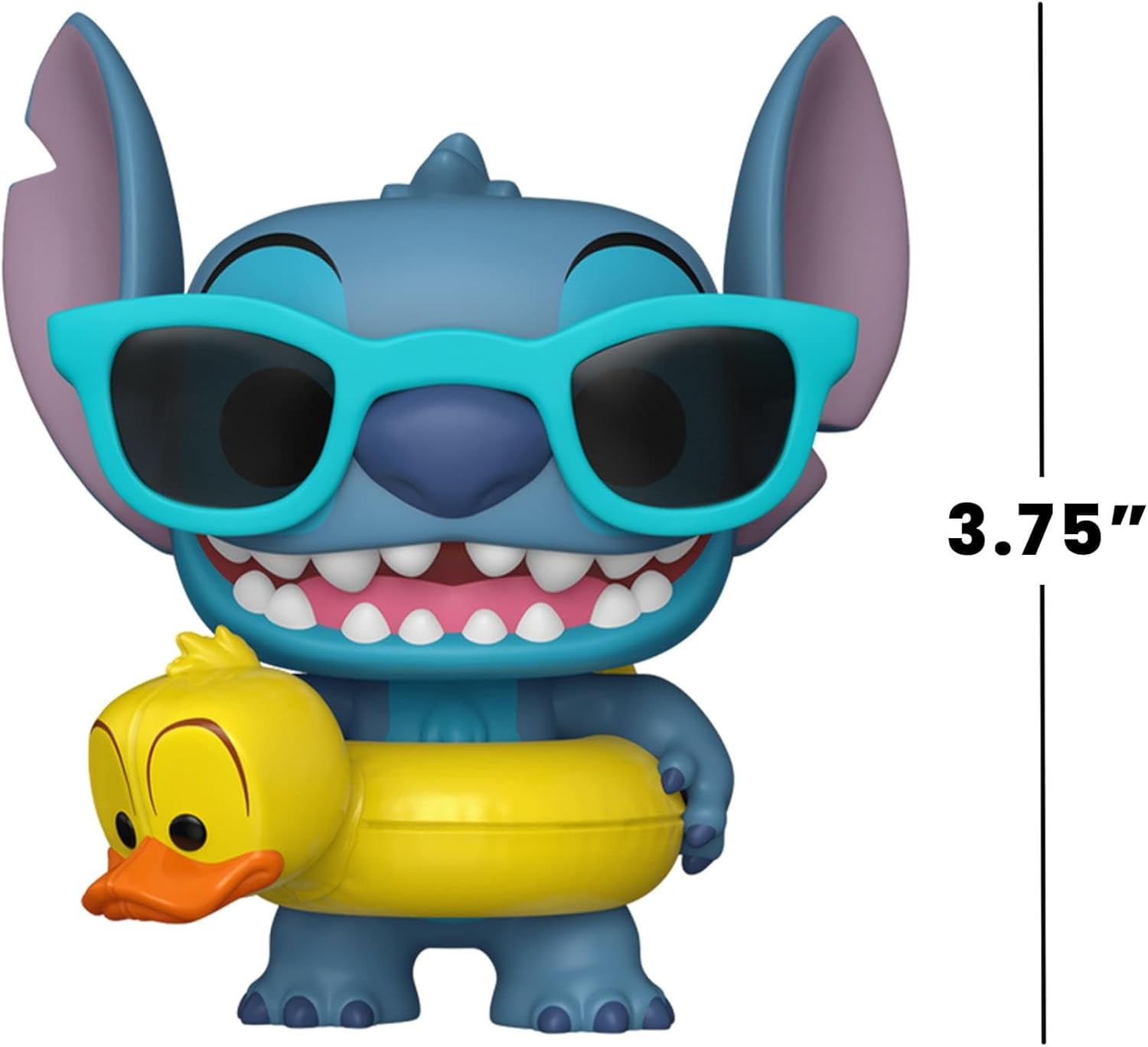 Toy figure of a character Stitch with sunglasses and a small yellow duck, with a measurement label on a white background.