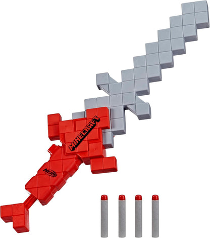 Toy sword with red and gray blocks, resembling a Minecraft sword, on a white background.