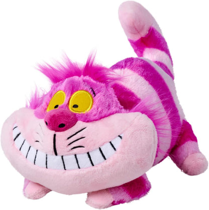 Disney Cheshire Cat Plush toy of a pink and white striped cat with yellow eyes on a white background