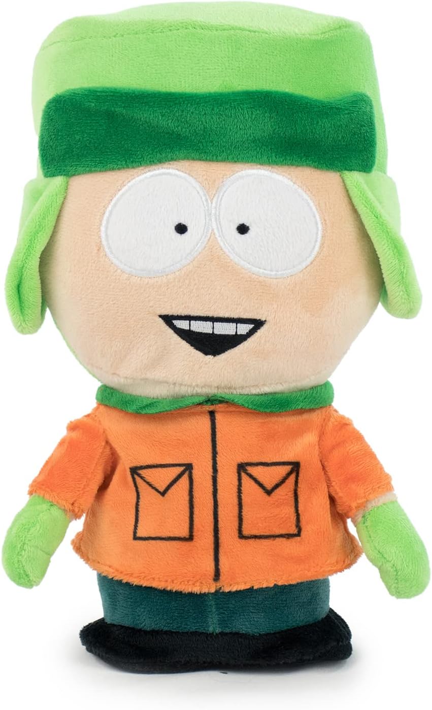 Plush toy of a character from South Park with green hat and orange shirt on a white background