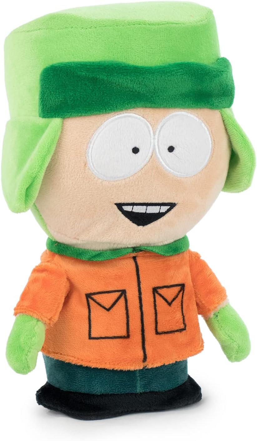 Plush toy with green hair and orange jacket on a white background