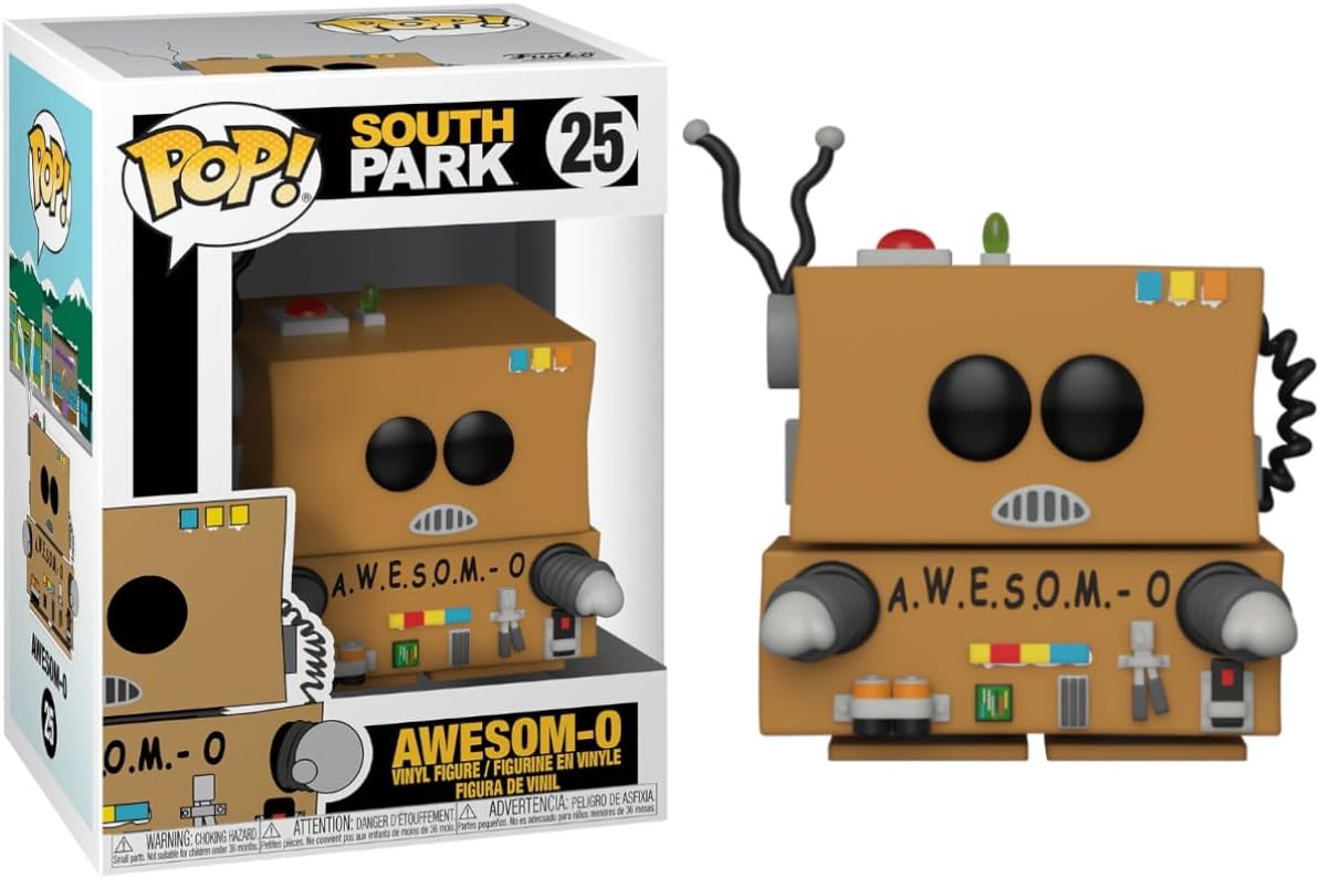 Funko Pop! vinyl figure of A.W.E.S.O.M.-O from South Park next to its packaging.