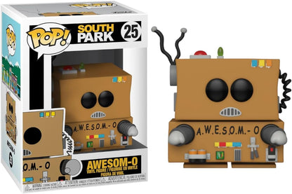 Funko Pop! vinyl figure of A.W.E.S.O.M.-O from South Park next to its packaging.