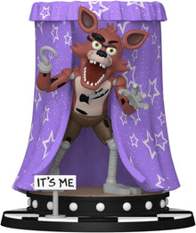 Animated character figure Foxy with a purple backdrop featuring stars, on a black base.