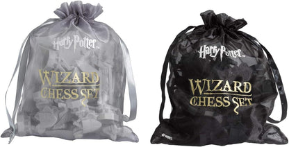 Two drawstring bags labeled 'Harry Potter Wizard Chess Set' on a white background.
