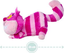 Disney Cheshire Cat Pink and white striped plush toy with a measurement label on a white background