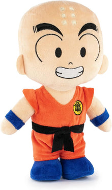 Plush toy of a character Krillin Dragon Ball in an orange outfit with blue accents on a white background