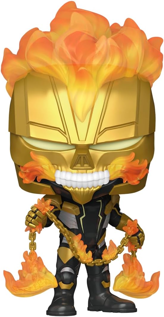 Funko Pop! vinyl figure, Ghost Rider with flames and chains, featuring a superhero design.