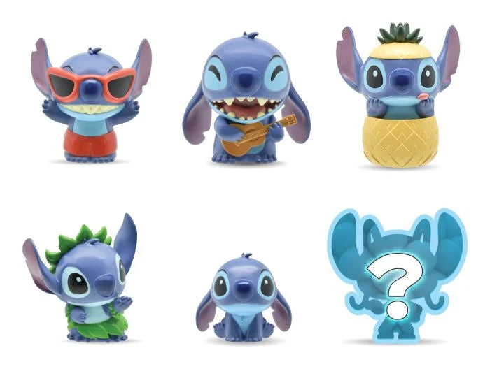 Set of six Stitch figurines in various poses and costumes on a white background