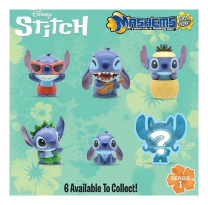 Collection of Stitch figurines from Disney and Mashems on a green background with floral patterns.