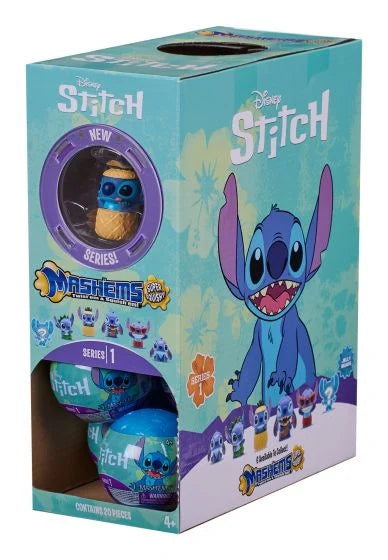 Box of Disney Stitch Mashems toy figures with character illustration on a blue background