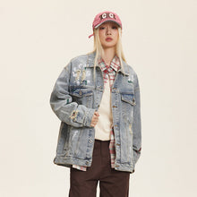 Unisex Washed Graffiti Ripped Denim Jacket - Retro