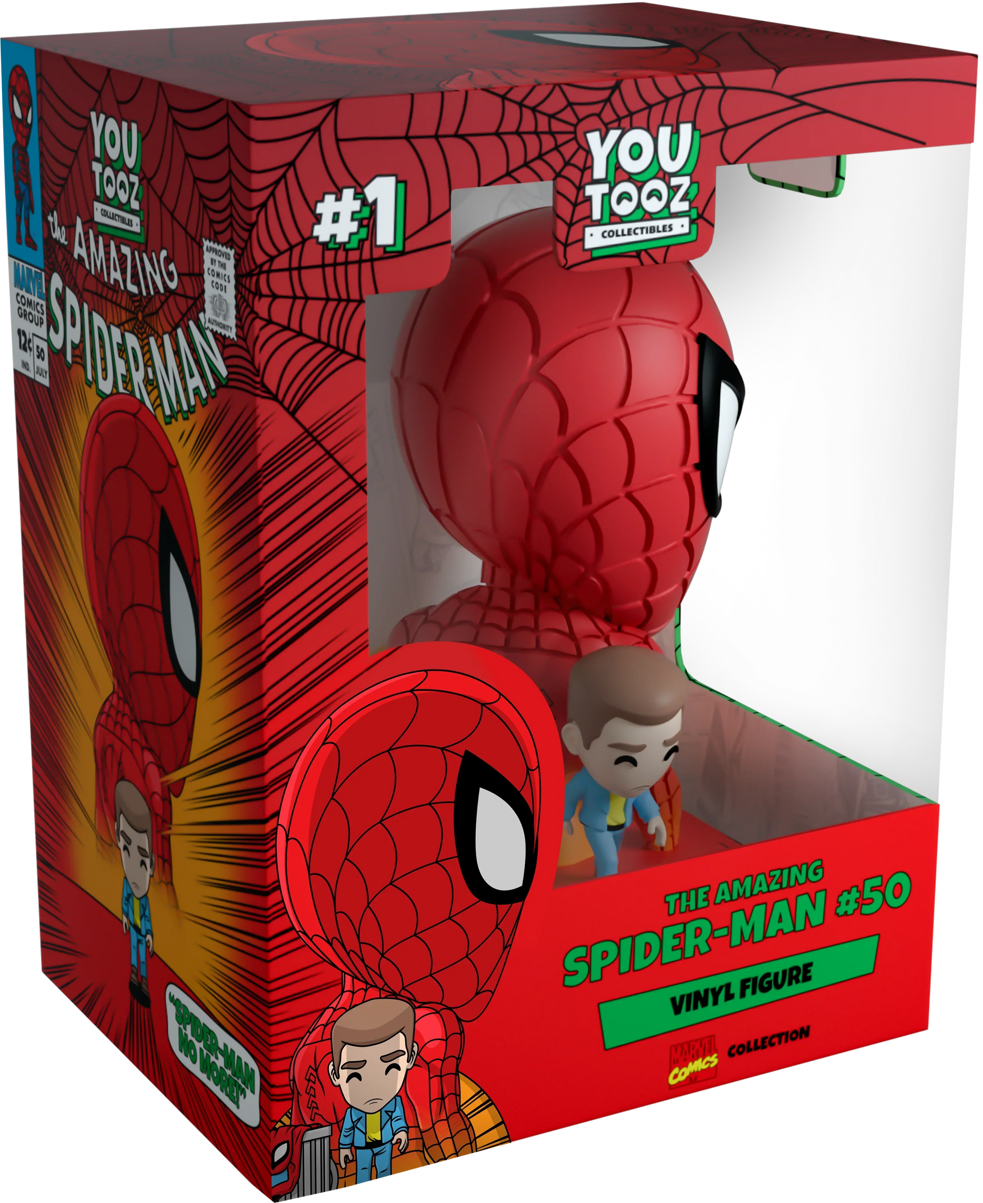 Boxed YouTooz vinyl figure of Spider-Man with and text on packaging