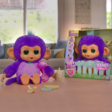 Purple toy monkey with packaging on a table
