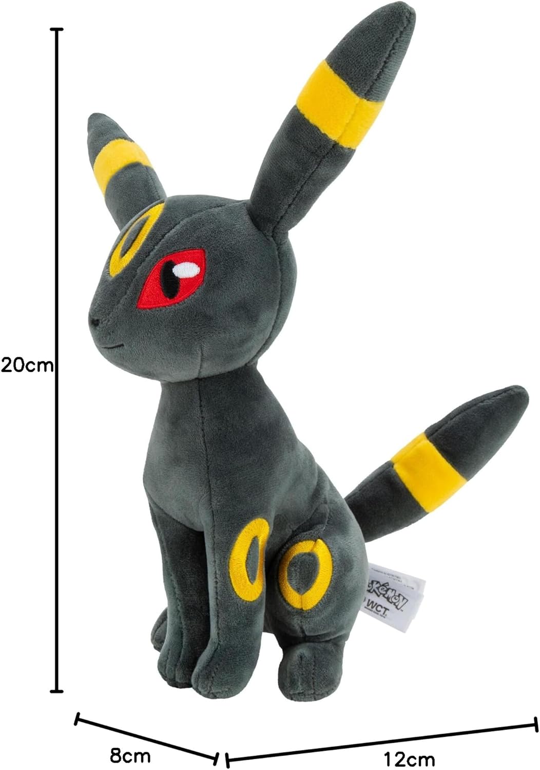 Pokemon Umbreon Plush toy of a gray and yellow creature with red eyes, labeled 'Umbreon', on a white background with measurements.