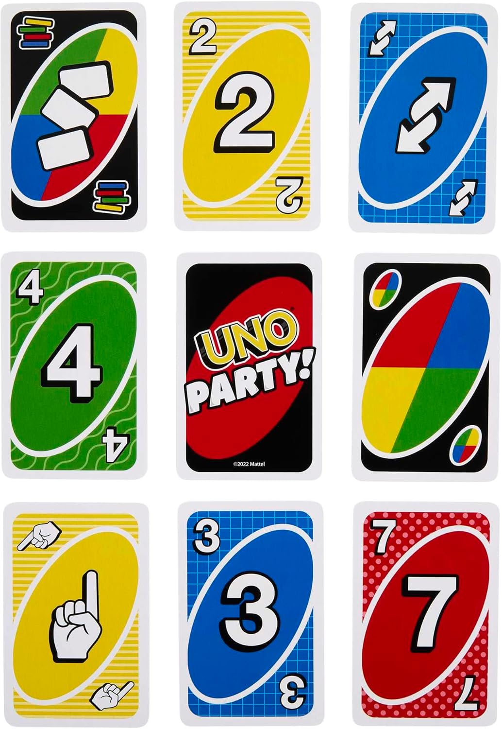 Collection of Uno party cards with various designs and numbers.