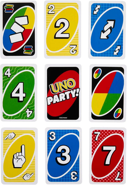Collection of Uno party cards with various designs and numbers.