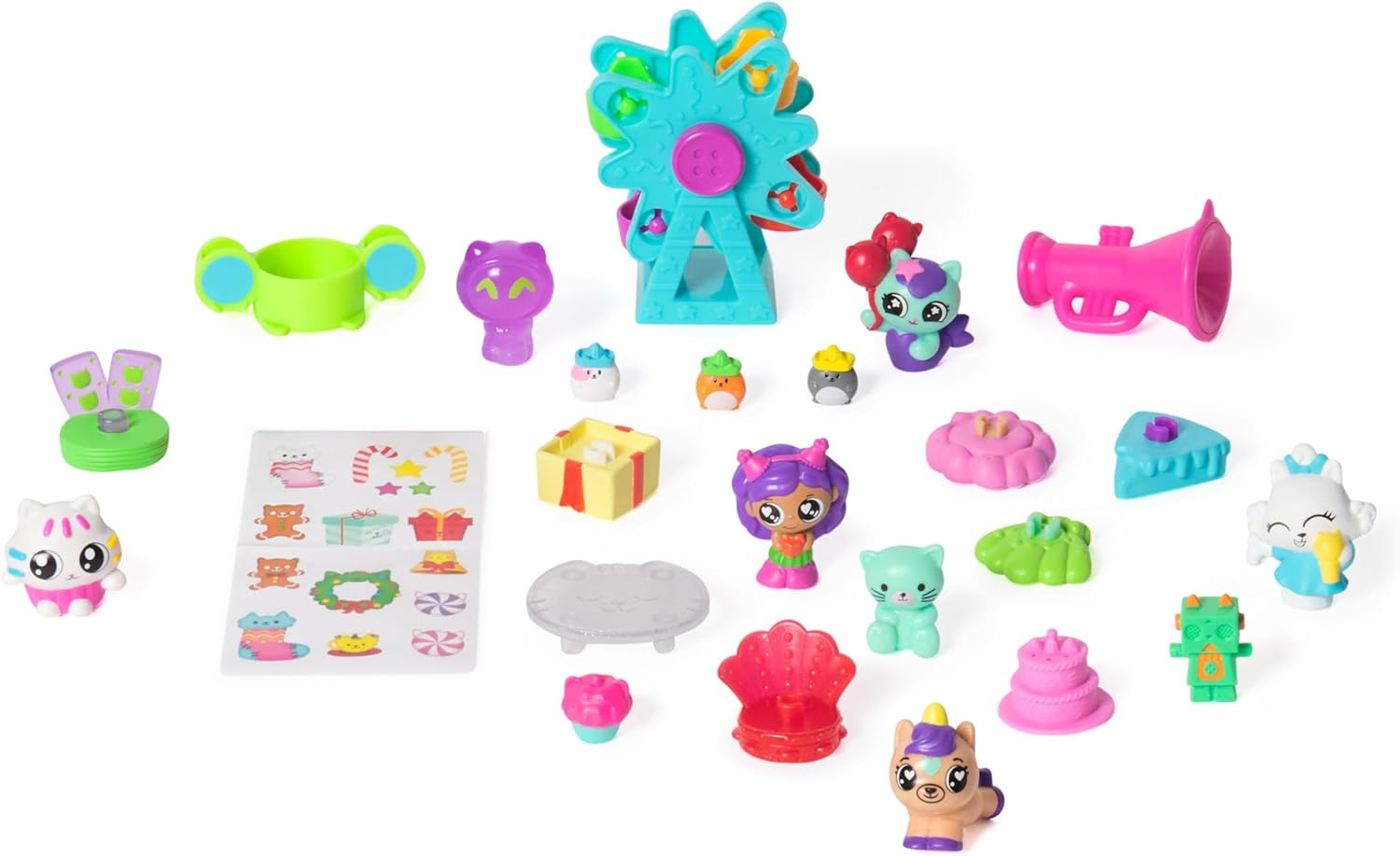 Collection of colorful toy figures and accessories on a white background