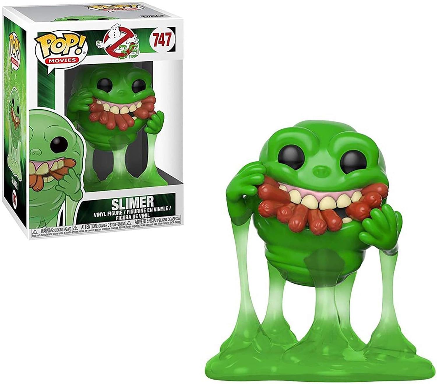 Green Slimer figurine from Pop! Movies with packaging on a white background