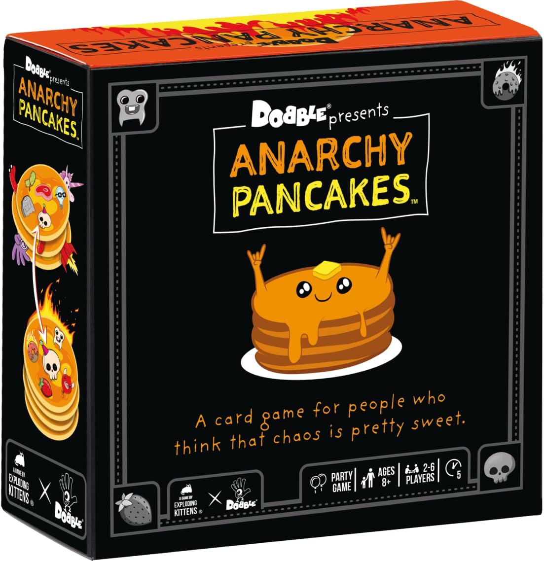 Board game box for 'Anarchy Pancakes' with cartoon pancake character and text.