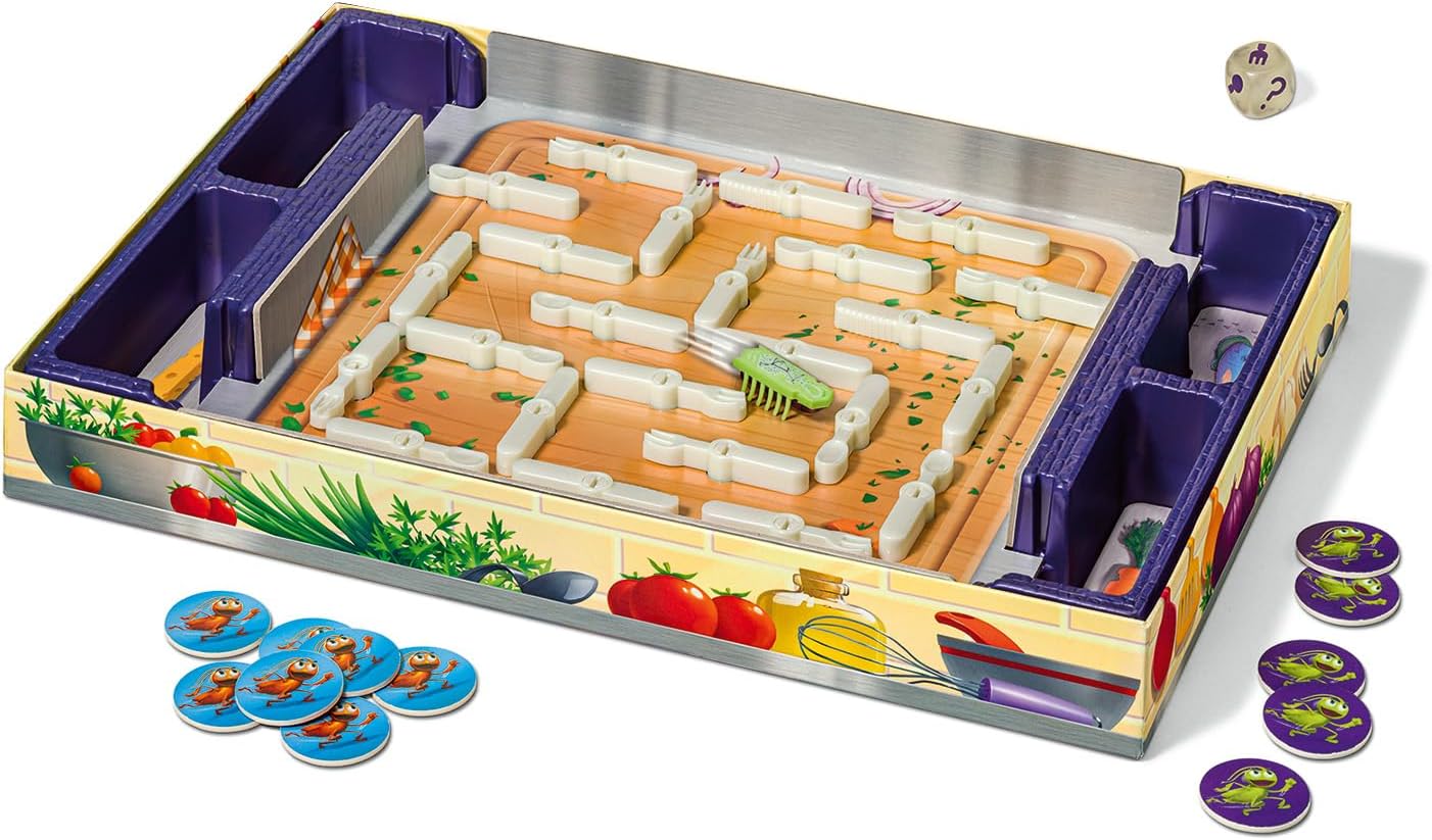 Board game with maze and tokens on a white background