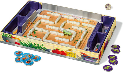 Board game with maze and tokens on a white background