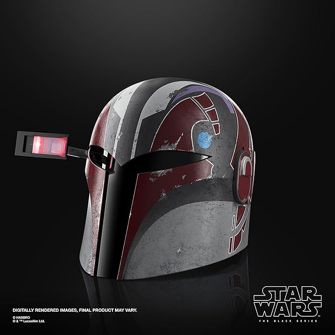 Star Wars Sabine Wren's helmet with red and gray design on a black background