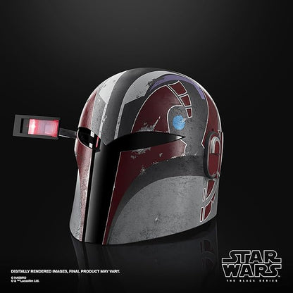 Star Wars Sabine Wren's helmet with red and gray design on a black background