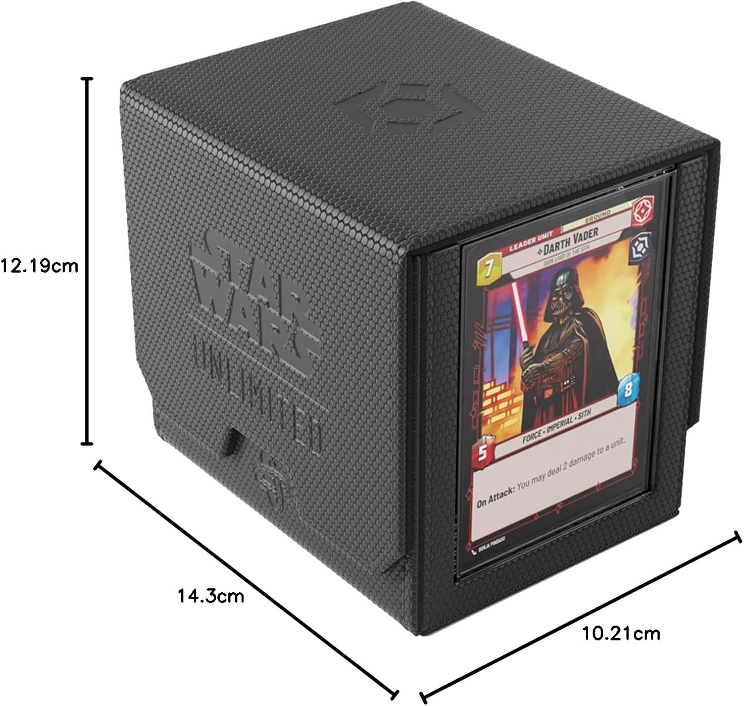 Black Star Wars trading card holder with Darth Vader card and dimensions displayed