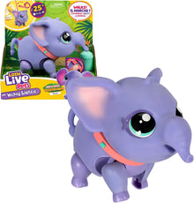 Purple toy elephant with pink trunk and eyes, standing in front of its packaging.