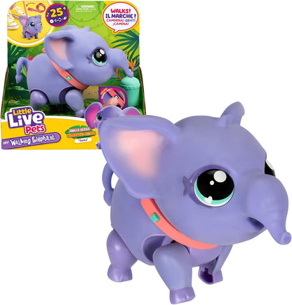 Purple toy elephant with pink trunk and eyes, standing in front of its packaging.