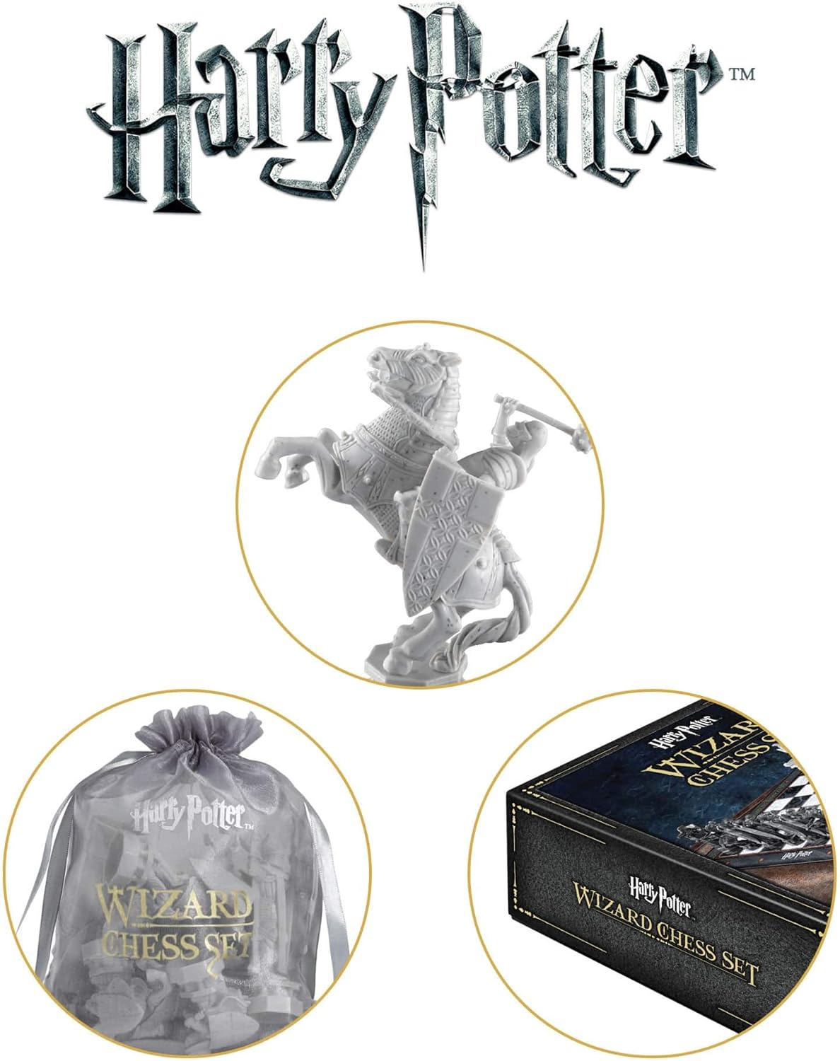 Harry Potter Wizard Chess Set packaging with chess pieces and box on a white background