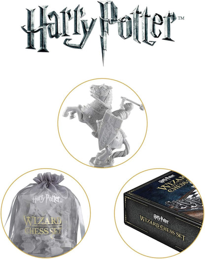 Harry Potter Wizard Chess Set packaging with chess pieces and box on a white background