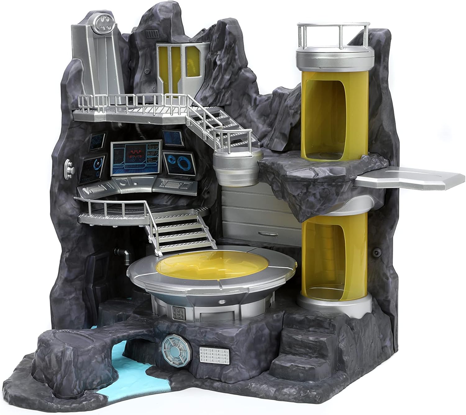 Toy playset with rocky landscape, platforms, and control panels on a white background