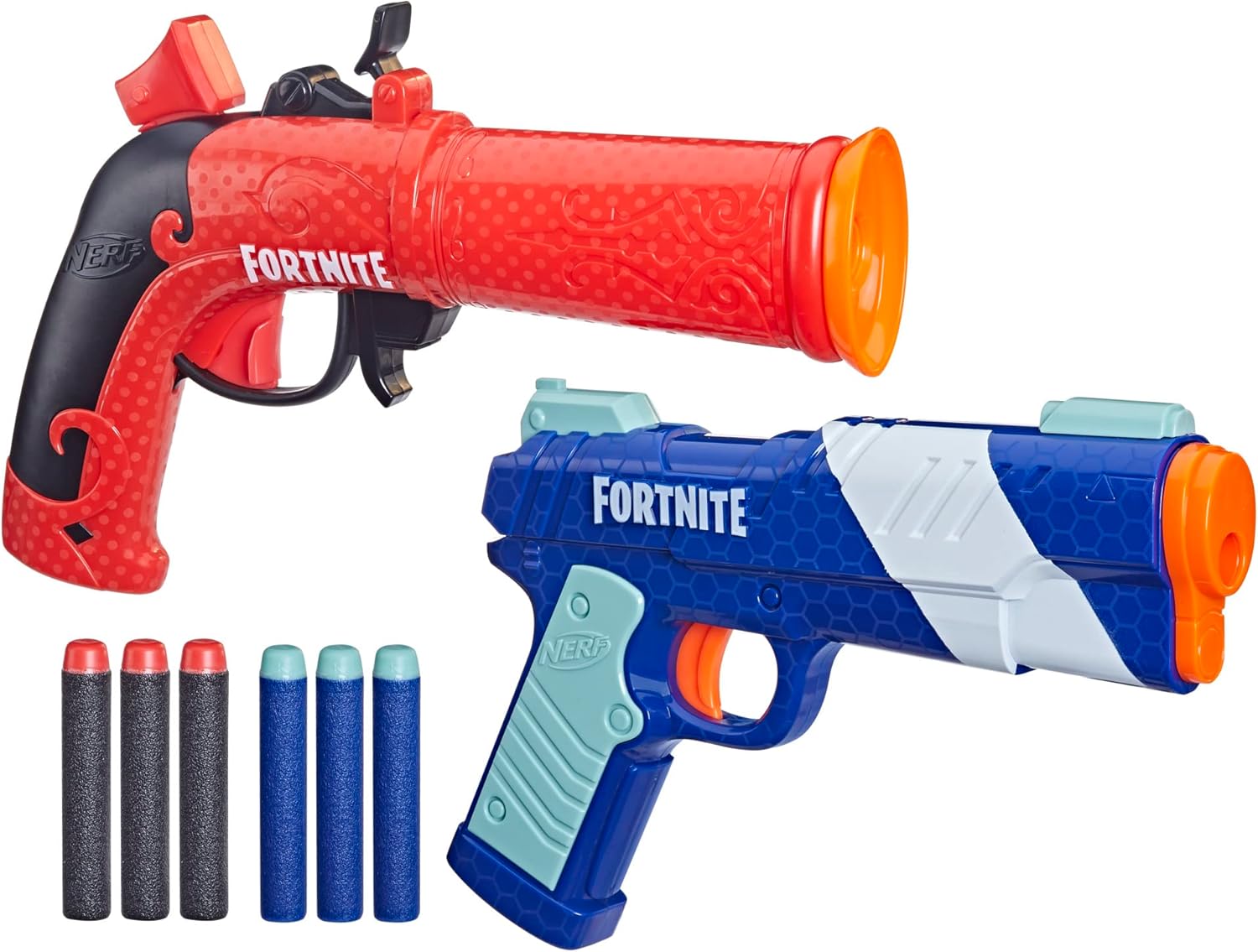 Two Fortnite-themed blasters with darts on a white background