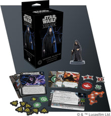Star Wars Legion Emperor Palpatine Commander Expansion set with packaging, figure, cards, and components on a dark background.