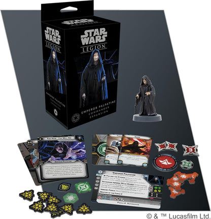 Star Wars Legion Emperor Palpatine Commander Expansion set with packaging, figure, cards, and components on a dark background.
