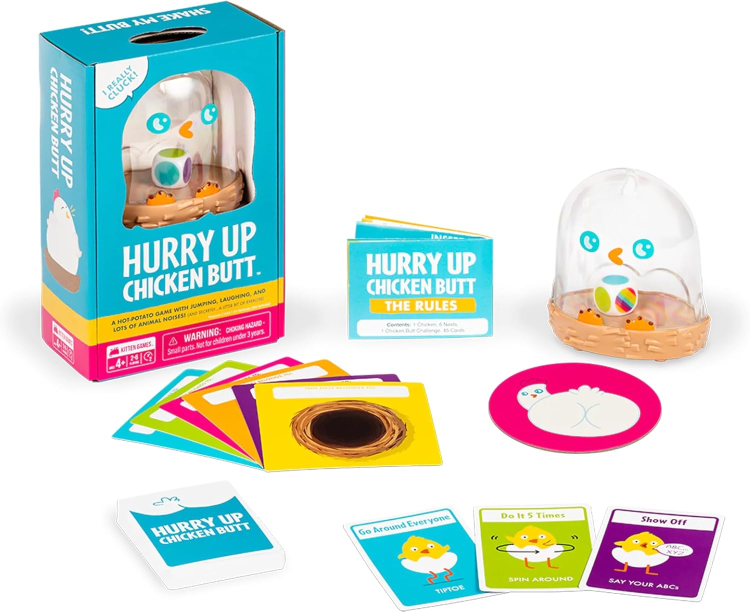 Hurry Up Chicken Butt game set with cards and packaging on a white background