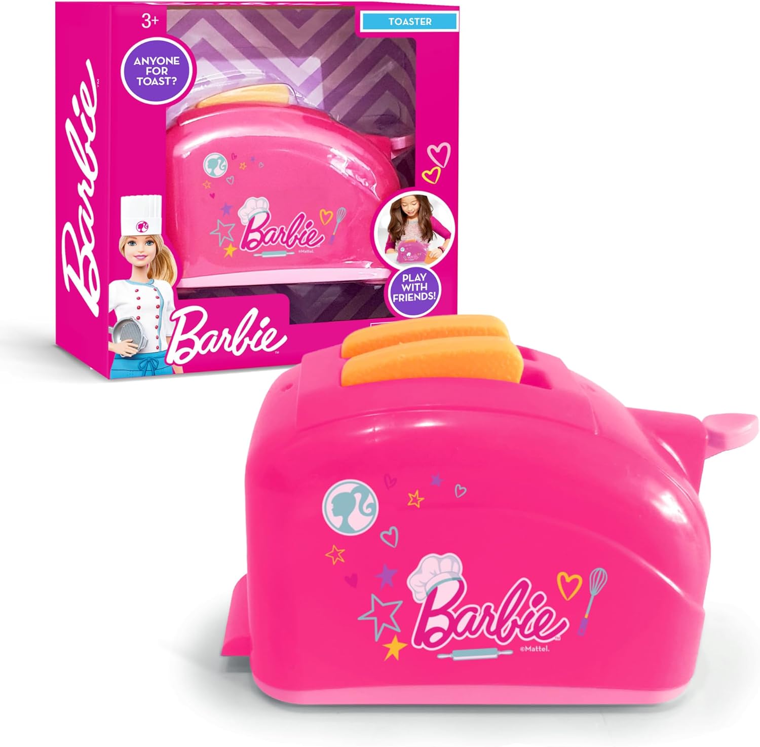 Barbie toy toaster with packaging on a white background