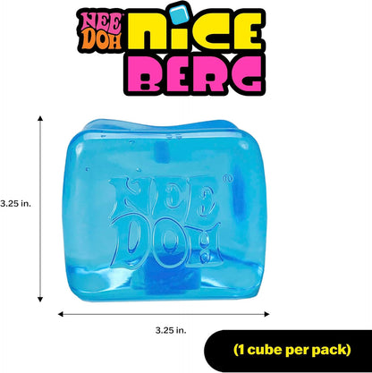 Blue cube with 'Nee Doh Nice Berg' branding and dimensions on a white background