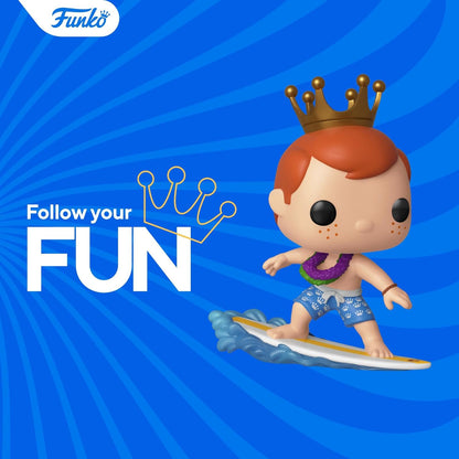 Funko Pop! vinyl figure of a character with a crown on a blue background with 'Follow your Fun' text.