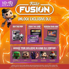 Funko Fusion promotional graphic with a Funko Pop! figure and text about unlocking exclusive DLC.